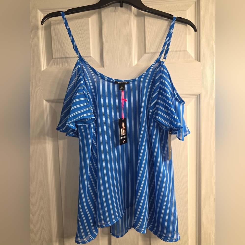 Women's I ♡ Ronson Blue White Stripe Print Sheer Flowy Ruffle Shirt Top XL